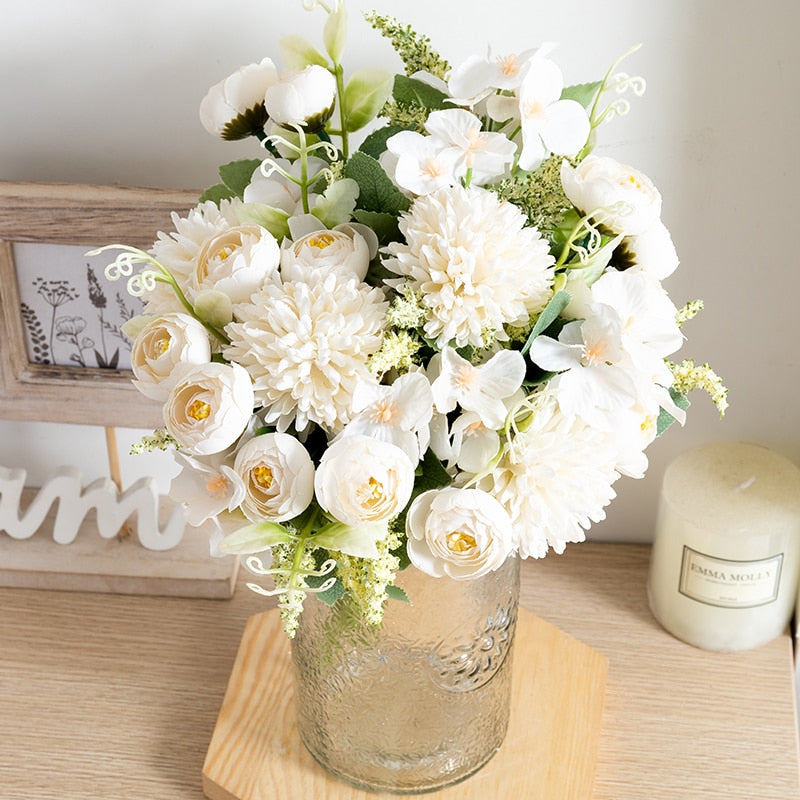 White Tea Rose Artificial Silk Flowers Autumn High Quality DIY Wedding Home Living Room Decoration Fake Flower Hydrangea Bouquet - KiwisLove