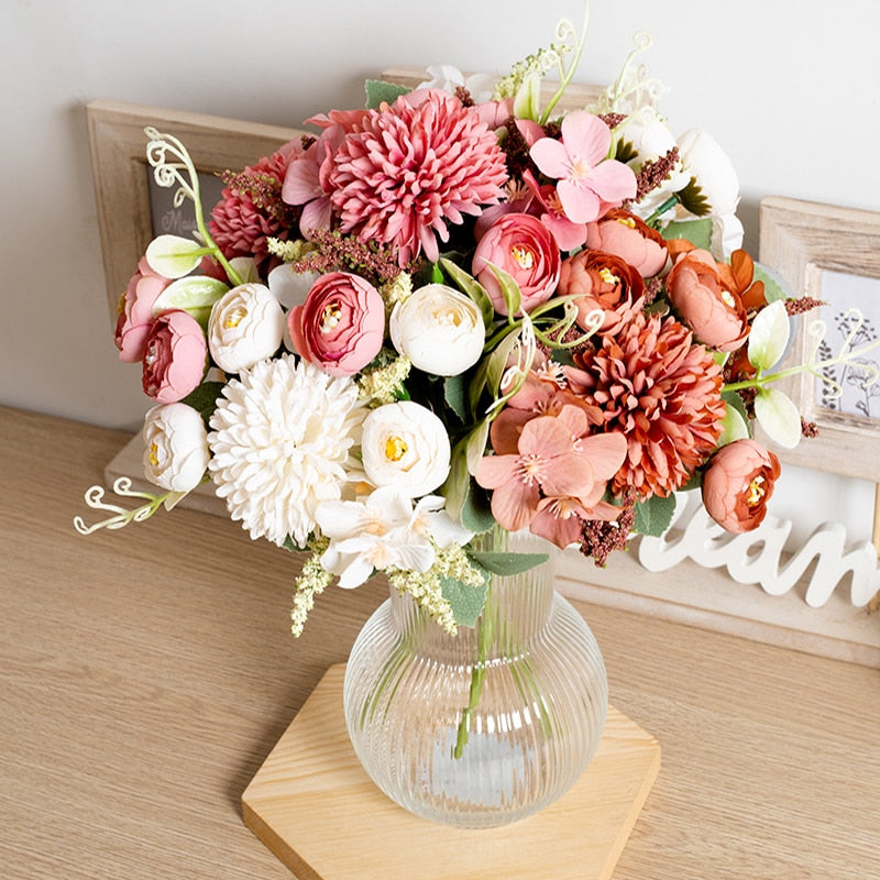 White Tea Rose Artificial Silk Flowers Autumn High Quality DIY Wedding Home Living Room Decoration Fake Flower Hydrangea Bouquet - KiwisLove