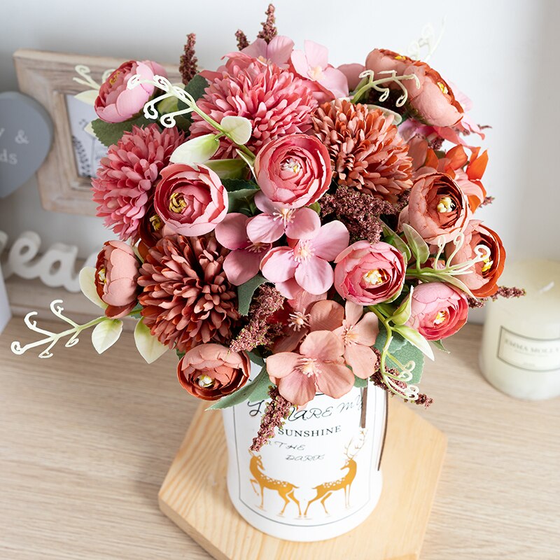 White Tea Rose Artificial Silk Flowers Autumn High Quality DIY Wedding Home Living Room Decoration Fake Flower Hydrangea Bouquet - KiwisLove