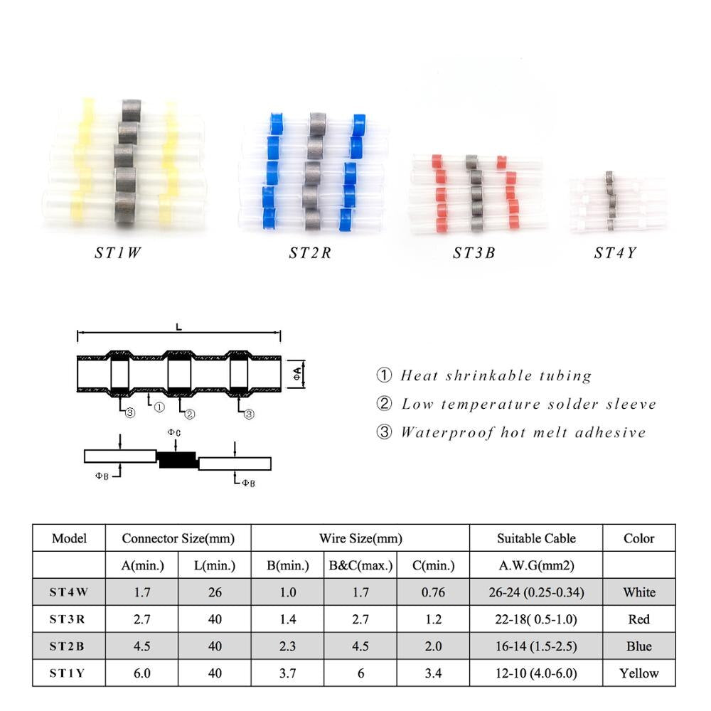 50~ 300PCS Solder Seal Wire Connectors, Heat Shrink Butt Connector, Waterproof Insulated Butt Splice Wire Terminals for Car Boat - KiwisLove
