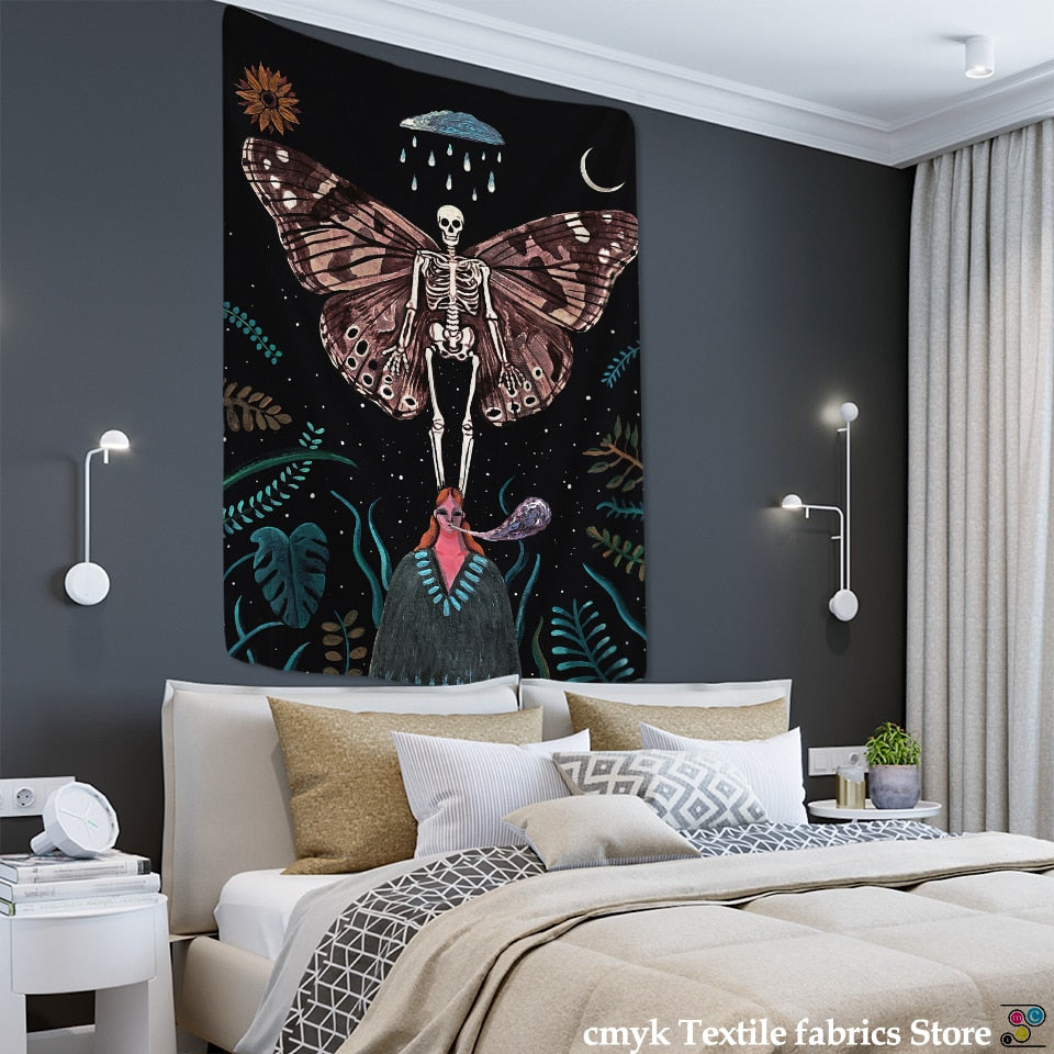 Moon Phase Flower Moth Tapestry Wall Hanging Mushroom Mandala Boho Hippie Sun Moon Bedroom Wall Decor - KiwisLove