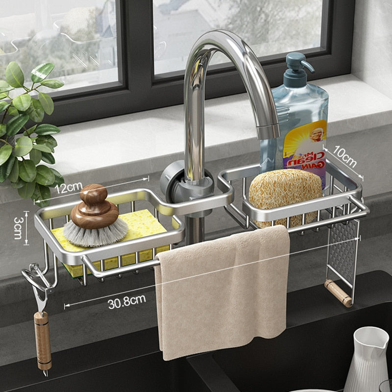 Kitchen Space Aluminum Sink Drain Rack Sponge Storage Faucet Holder Soap Drainer Shelf Basket Organizer Bathroom Accessories - KiwisLove