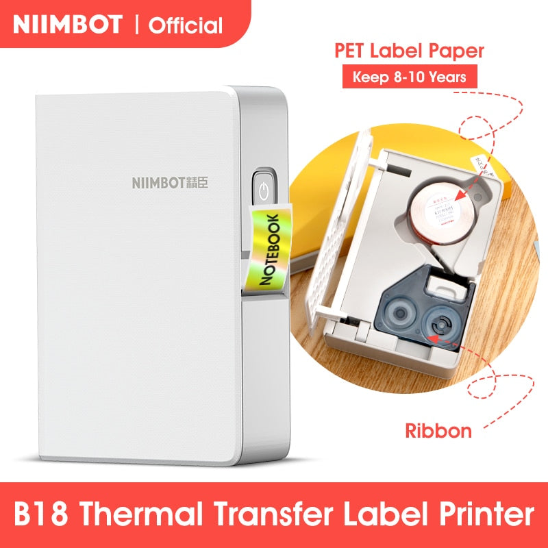 NIIMBOT B18 Mini Portable Label Printer Thermal Transfer Pocket Printer Inside Black Ribbon Sticker Maker With Long Life Labels - KiwisLove