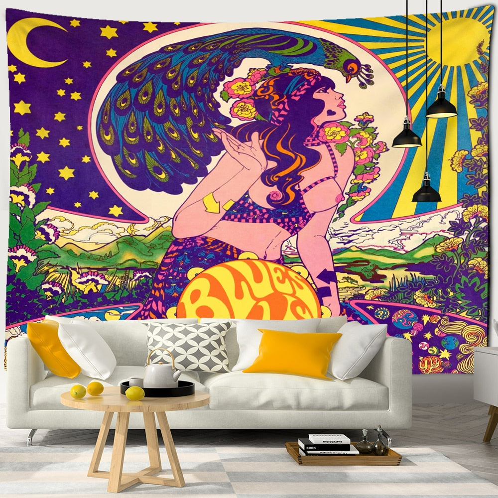 Kawaii Women Wall Hanging Tapestry Anime Cute Girl Illustration Aesthetic Art Tapiz Hippie Room Dorm Decor - KiwisLove