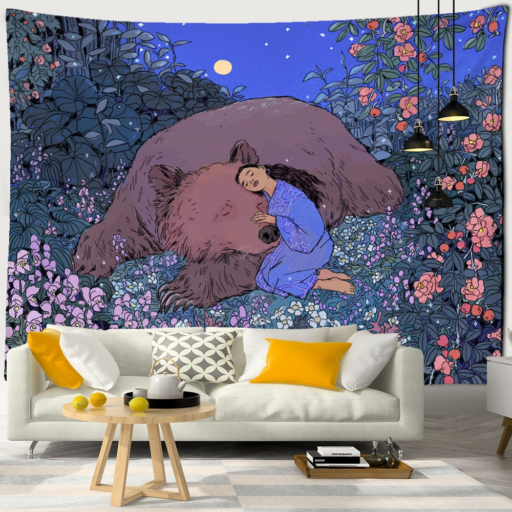 Mysterious Forest Tapestry Wall Hanging Flowers Jungle Animals Moon Ocean Landscape Illustration Room Home Decor - KiwisLove