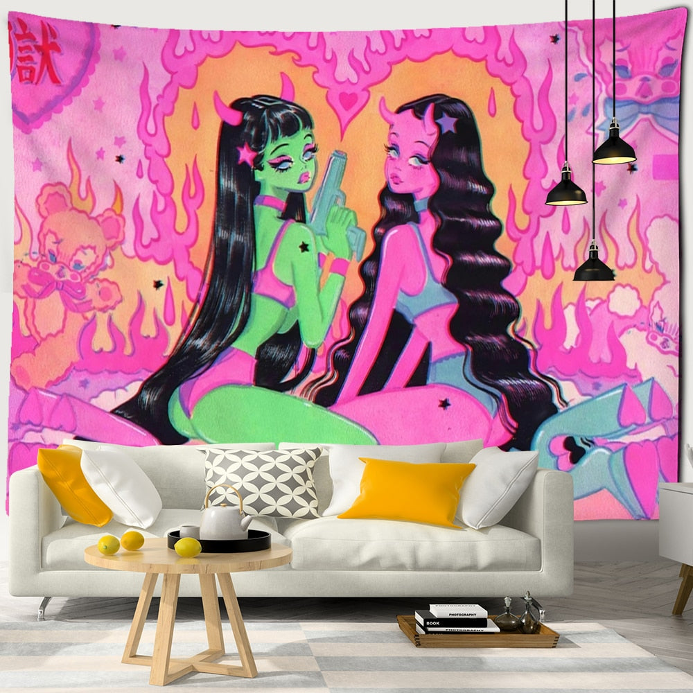 Kawaii Women Wall Hanging Tapestry Anime Cute Girl Illustration Aesthetic Art Tapiz Hippie Room Dorm Decor - KiwisLove