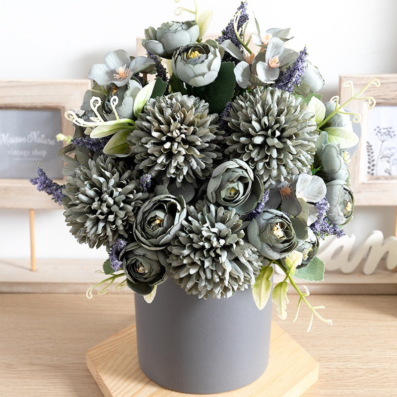 White Tea Rose Artificial Silk Flowers Autumn High Quality DIY Wedding Home Living Room Decoration Fake Flower Hydrangea Bouquet - KiwisLove