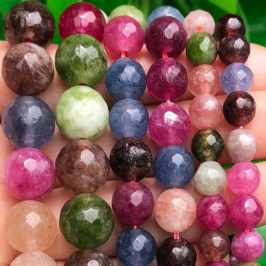 Natural Stone Beads Faceted Colorful Tourmaline Round Loose Spacer Beads Diy Handmade Bracelet for Jewelry Making Accessories - KiwisLove