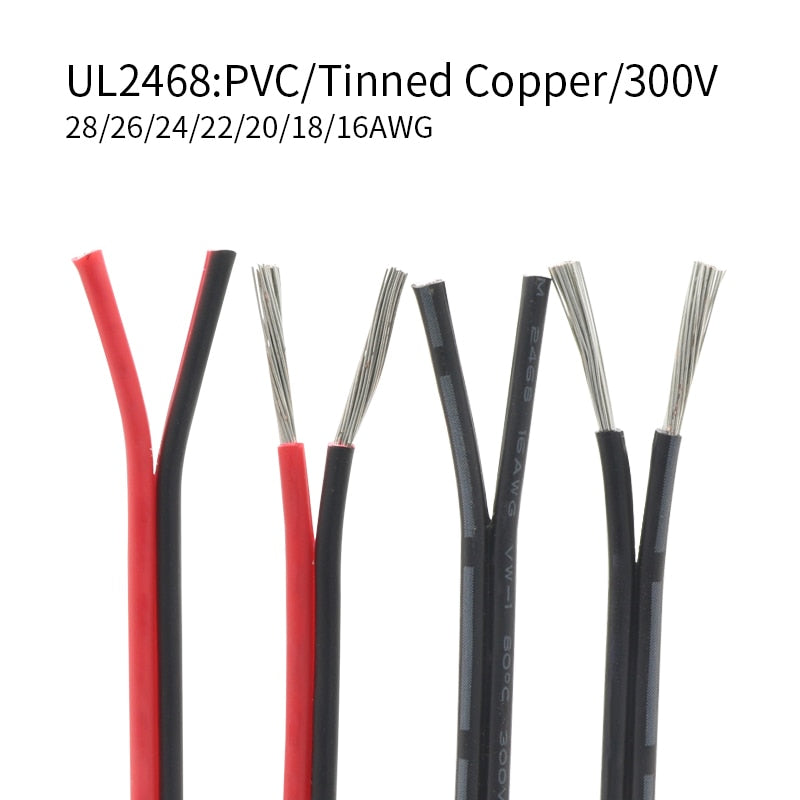 5M UL2468 Electric Copper Wire 2Pins PVC Insulated 28 26 24 22 20 18 16AWG Double Cores LED Lamp Cable Black Red White - KiwisLove