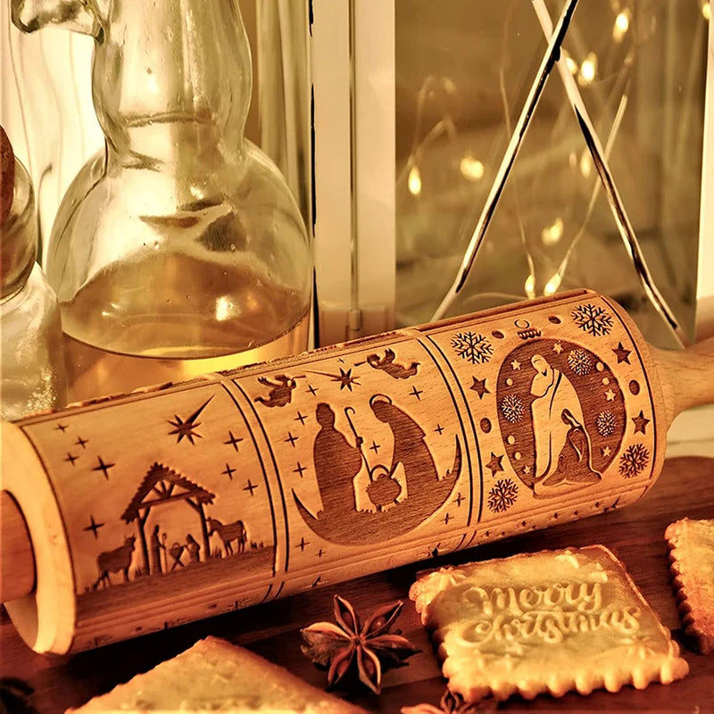Nativity Engraved Rolling Pin Embossed Dough Roller Xmas Cookie Cutter Kitchen Pastry Christmas Engraved Rolling Pin for Baking - KiwisLove