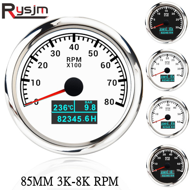 HD 85mm 3 in 1 Digital Boat Tachometer Gauge 3000/4000/6000/8000RPM Tacho meter With Oil Pressure Hours Water Temp for car truck - KiwisLove