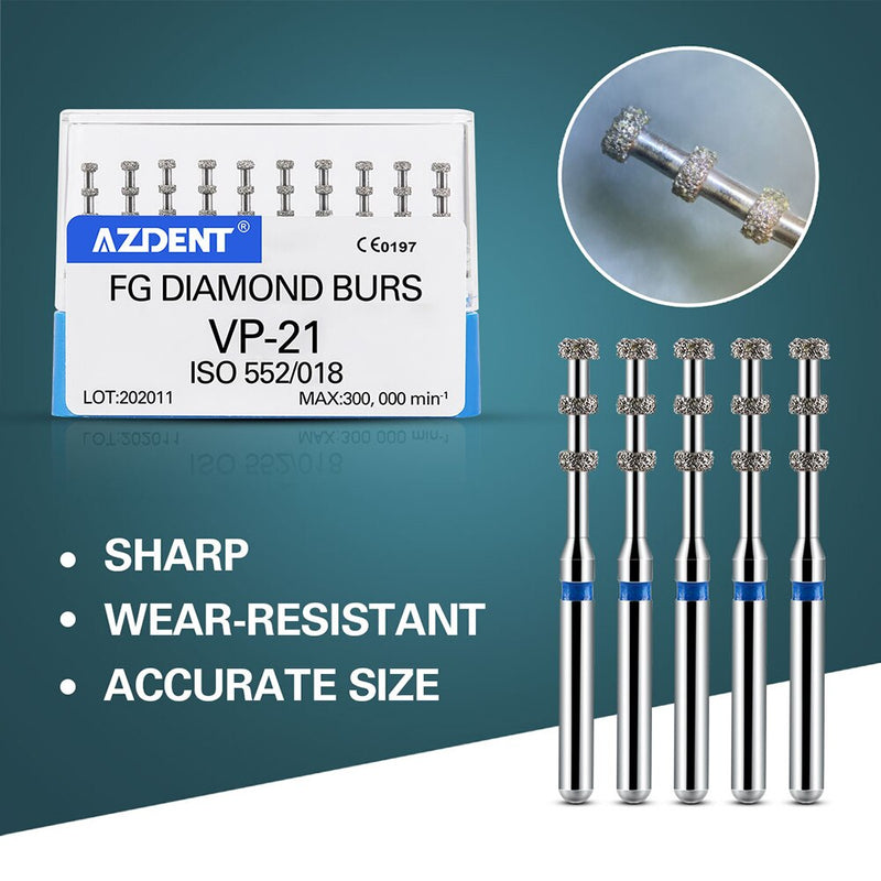 AZDENT Dental FG Diamond Burs VP-21 Preparation Depth Marking Medium Grit 1.6mm Max.300000rpm/Min For High Speed Handpiece - KiwisLove