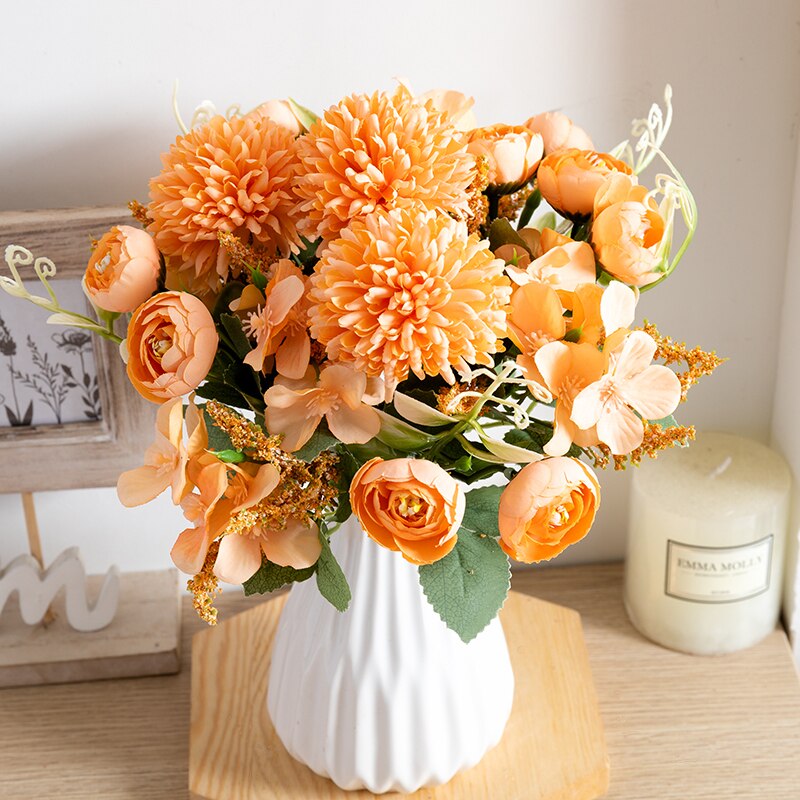 White Tea Rose Artificial Silk Flowers Autumn High Quality DIY Wedding Home Living Room Decoration Fake Flower Hydrangea Bouquet - KiwisLove