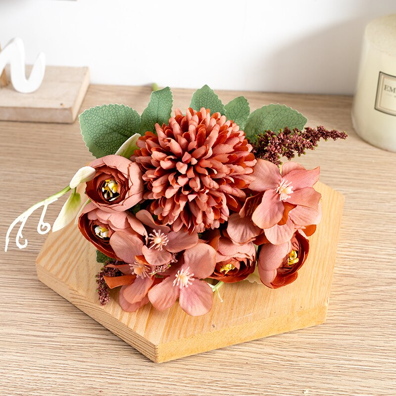 White Tea Rose Artificial Silk Flowers Autumn High Quality DIY Wedding Home Living Room Decoration Fake Flower Hydrangea Bouquet - KiwisLove