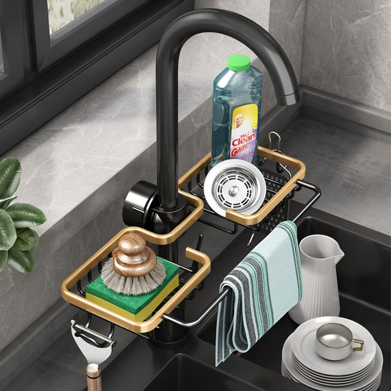 Kitchen Space Aluminum Sink Drain Rack Sponge Storage Faucet Holder Soap Drainer Shelf Basket Organizer Bathroom Accessories - KiwisLove