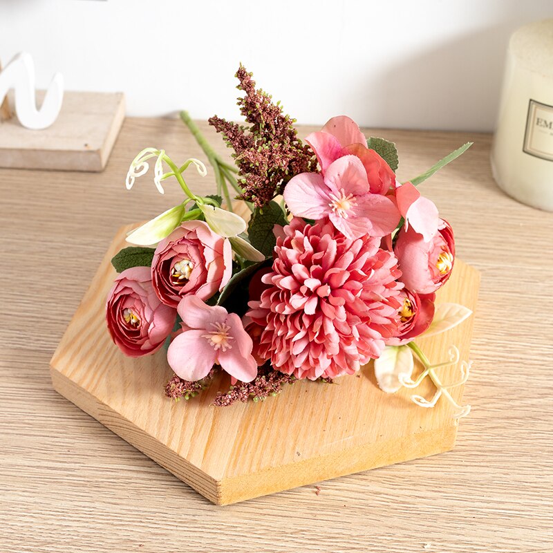 White Tea Rose Artificial Silk Flowers Autumn High Quality DIY Wedding Home Living Room Decoration Fake Flower Hydrangea Bouquet - KiwisLove