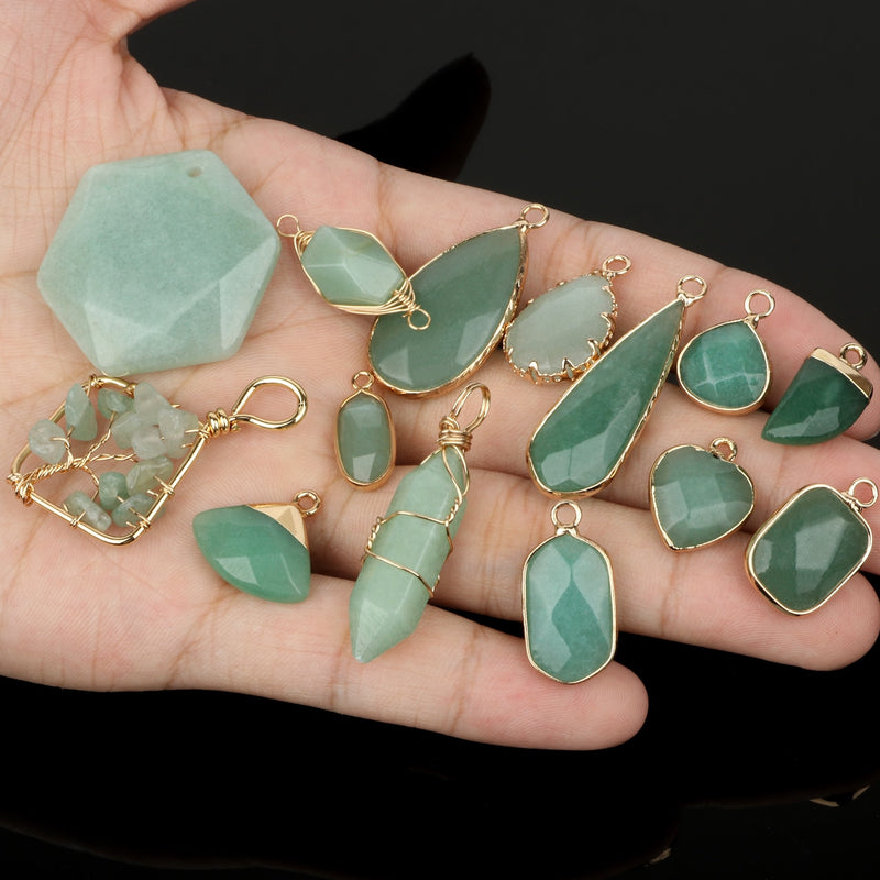 1pc Natural Green Aventurine Jades Pendant Gold Plated Multi Styles Charms Pendants for Necklace Women DIY Jewelry Accessories - KiwisLove