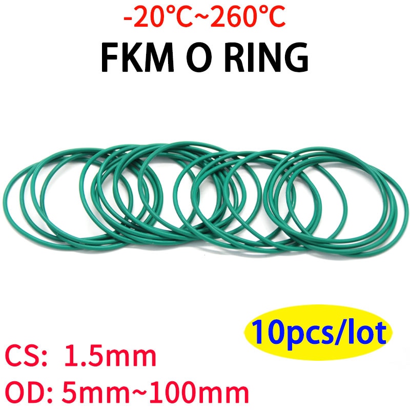 10Pcs CS 1.5mm OD 5~100mm Green FKM Fluorine Rubber O Ring Sealing Gasket Insulation Oil High Temperature Resistance Green - KiwisLove