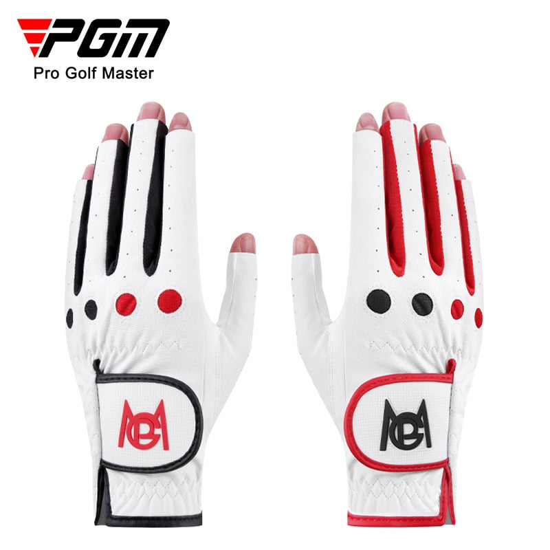 PGM 1 Pair Women Golf Gloves PU Leather Gloves Fingerless Breathable Mitt Right Left Hand Black Red Double Color ST029