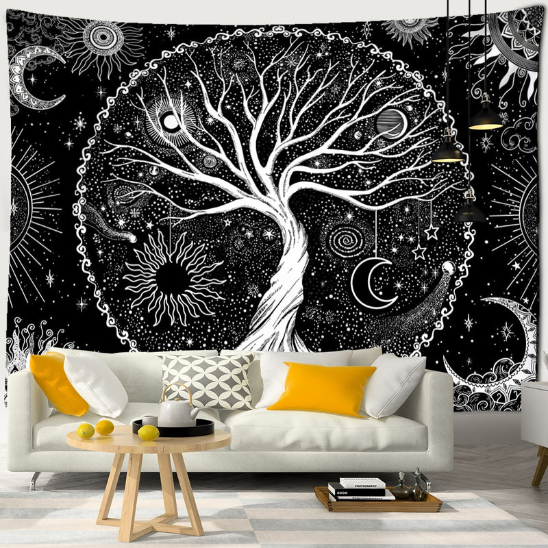 Mystic Witchcraft Black And White Tree Of Life Tapestry Wall Hanging Psychedelic Wishing Tree Hippie Mandala Home Decor - KiwisLove