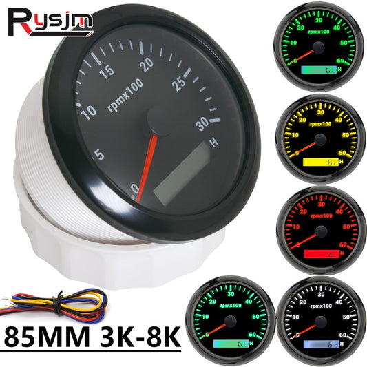 HD 7 Colors Backlight 85mm Tachometer Gauge Marine Boat RPM Meter Gauge LCD Tacho Digital Hour Meter 3K~8K For Car Truck 9-32V - KiwisLove