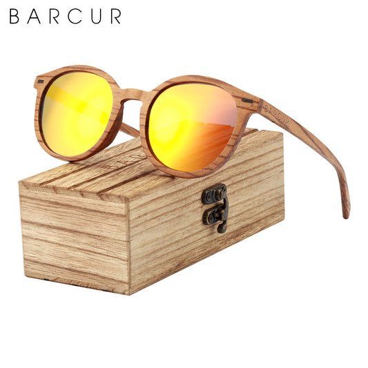 BARCUR Retro Deisgn Stylish Cat Eey Zebra Wood Sunglasses Round Polarized Men Women Sun glasses UV400 Protection Wood Box - KiwisLove