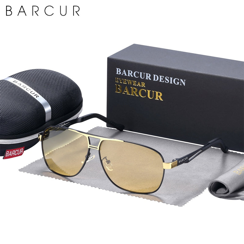 BARCUR Pilot Night View Sunglasses Metal Frame Men Polarized Sun Glasses Driving Eyewear Trend Styles UV400 Protection