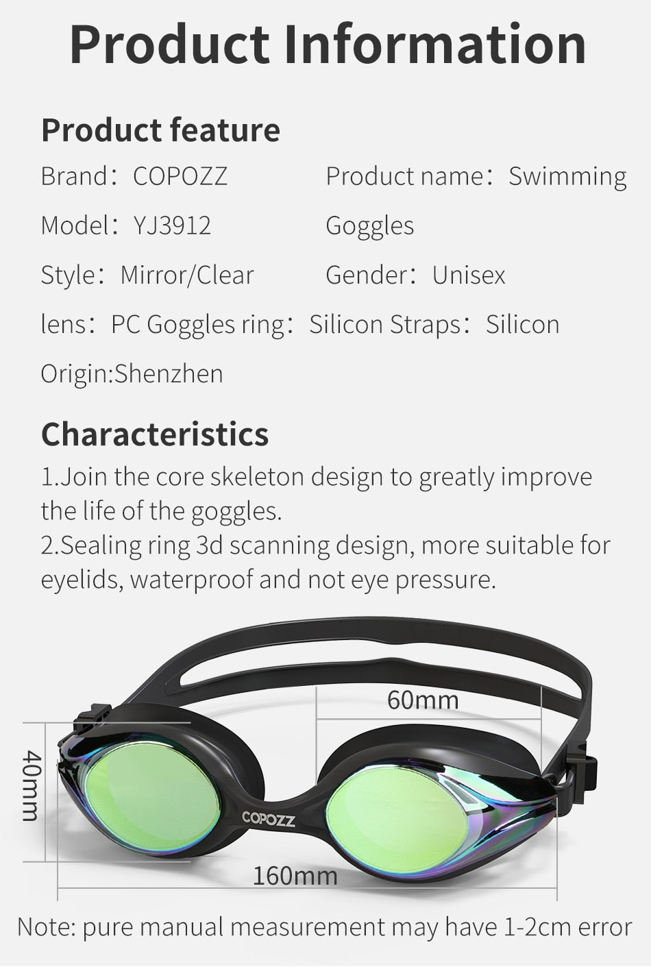 COPOZZ Swim Glasses Goggles Anti Fog  Leak UV Protection Eyewear Professional - KiwisLove