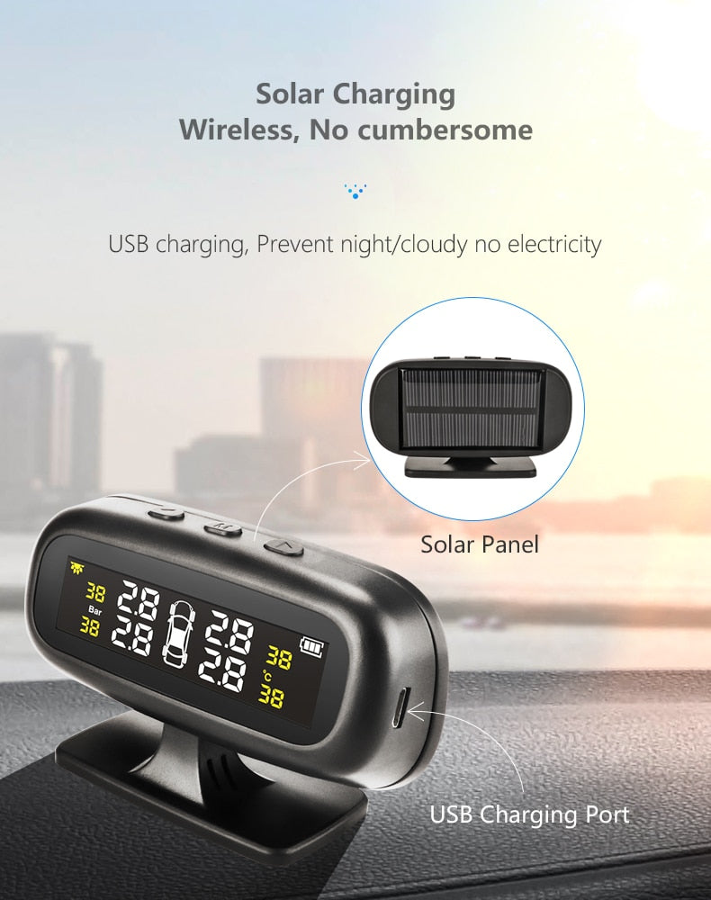Solar TPMS Car Tire Pressure Alarm Monitor  Display Intelligent Temperature Warning Fuel Save 4 Sensors - KiwisLove