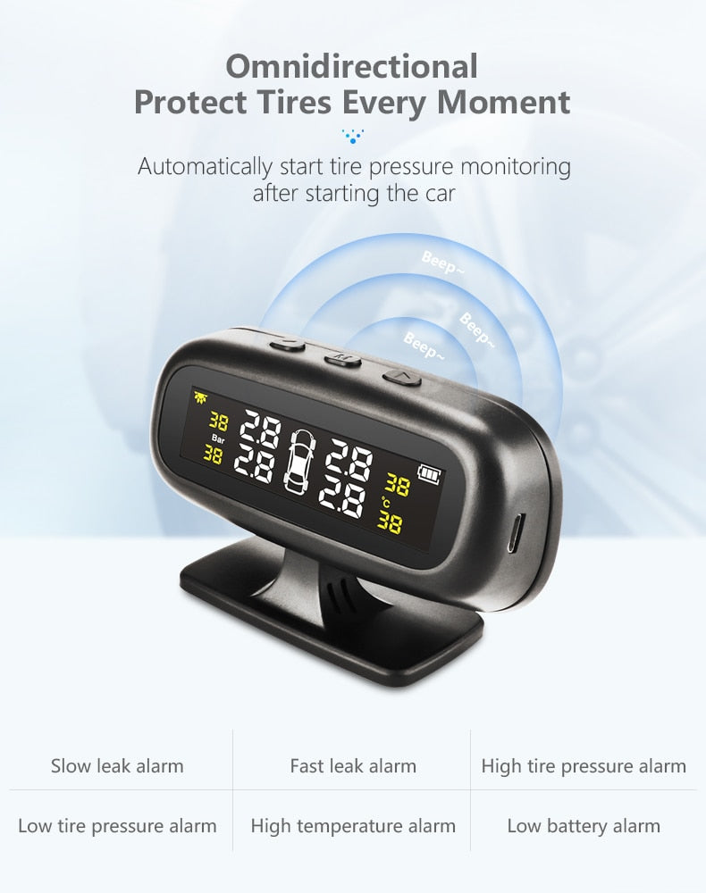 Solar TPMS Car Tire Pressure Alarm Monitor  Display Intelligent Temperature Warning Fuel Save 4 Sensors - KiwisLove