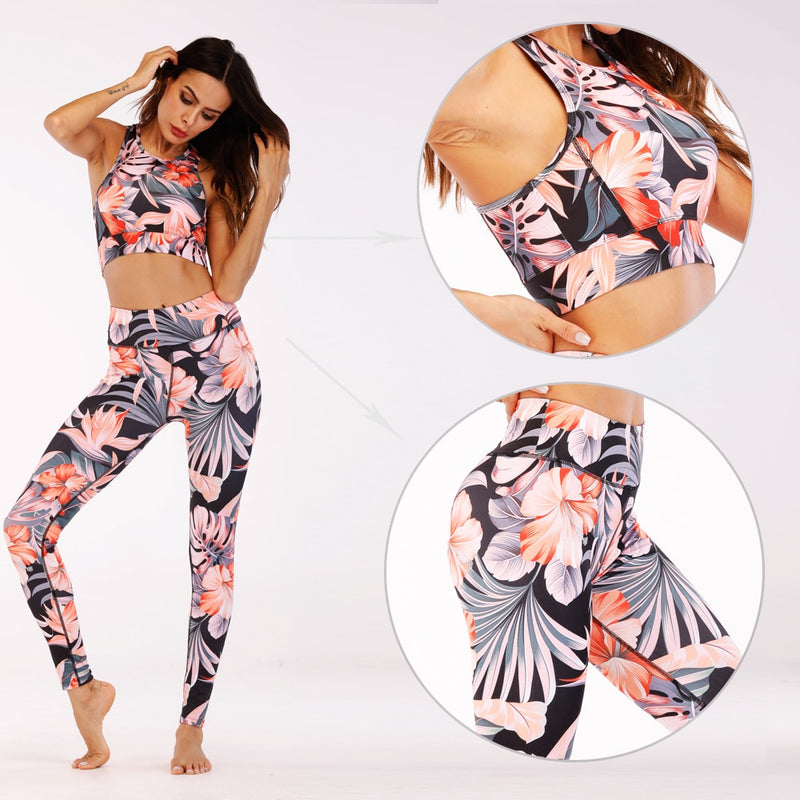 Women Fitness Yoga Set Sportwear Outfits Floral Workout Running Gym Wear Slim Tight - KiwisLove