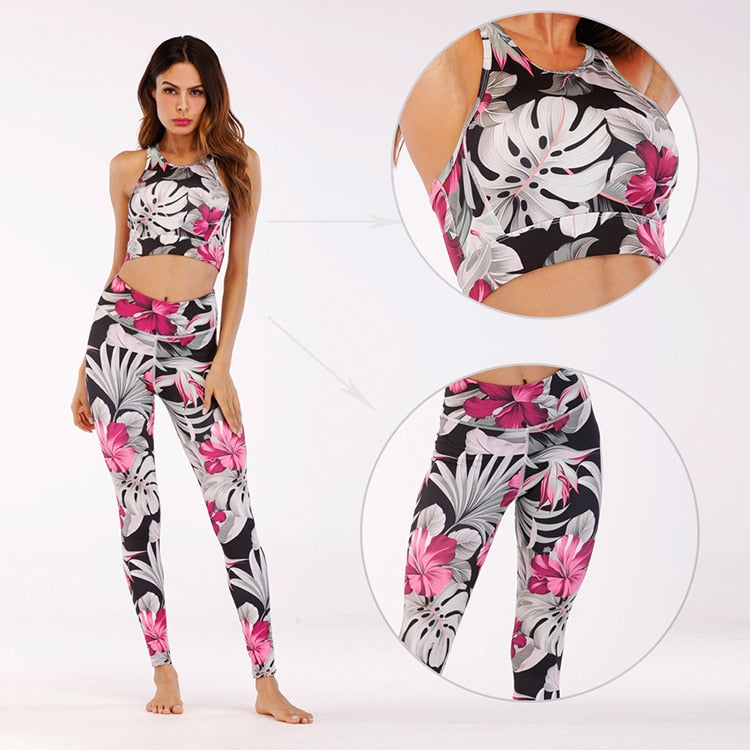 Women Fitness Yoga Set Sportwear Outfits Floral Workout Running Gym Wear Slim Tight - KiwisLove