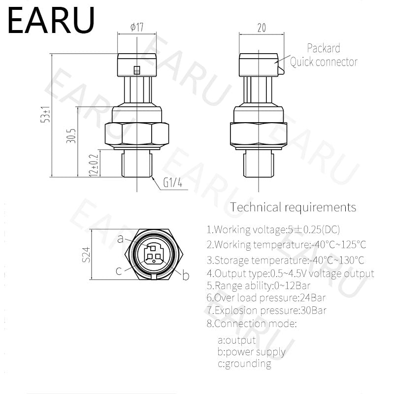 DC 5V G1/4 Pressure Sensor Transmitter Transducer 1.2 MPa 174 PSI - KiwisLove