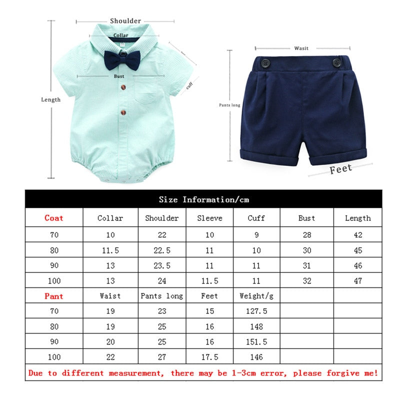Cotton Short Sleeve Rompers Shirts + Shorts + Bow Tie 3pcs/set - KiwisLove