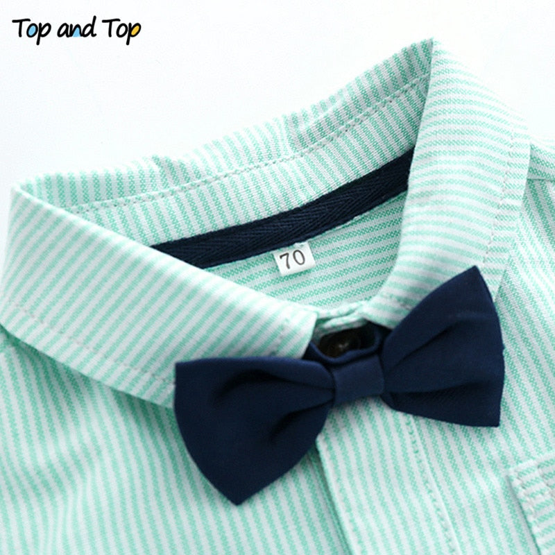 Cotton Short Sleeve Rompers Shirts + Shorts + Bow Tie 3pcs/set - KiwisLove