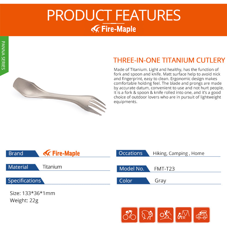 Fire Maple 3 In 1 Titanium Fork Cutlery Spork FMT-T23 Lightweight Portable Camping - KiwisLove