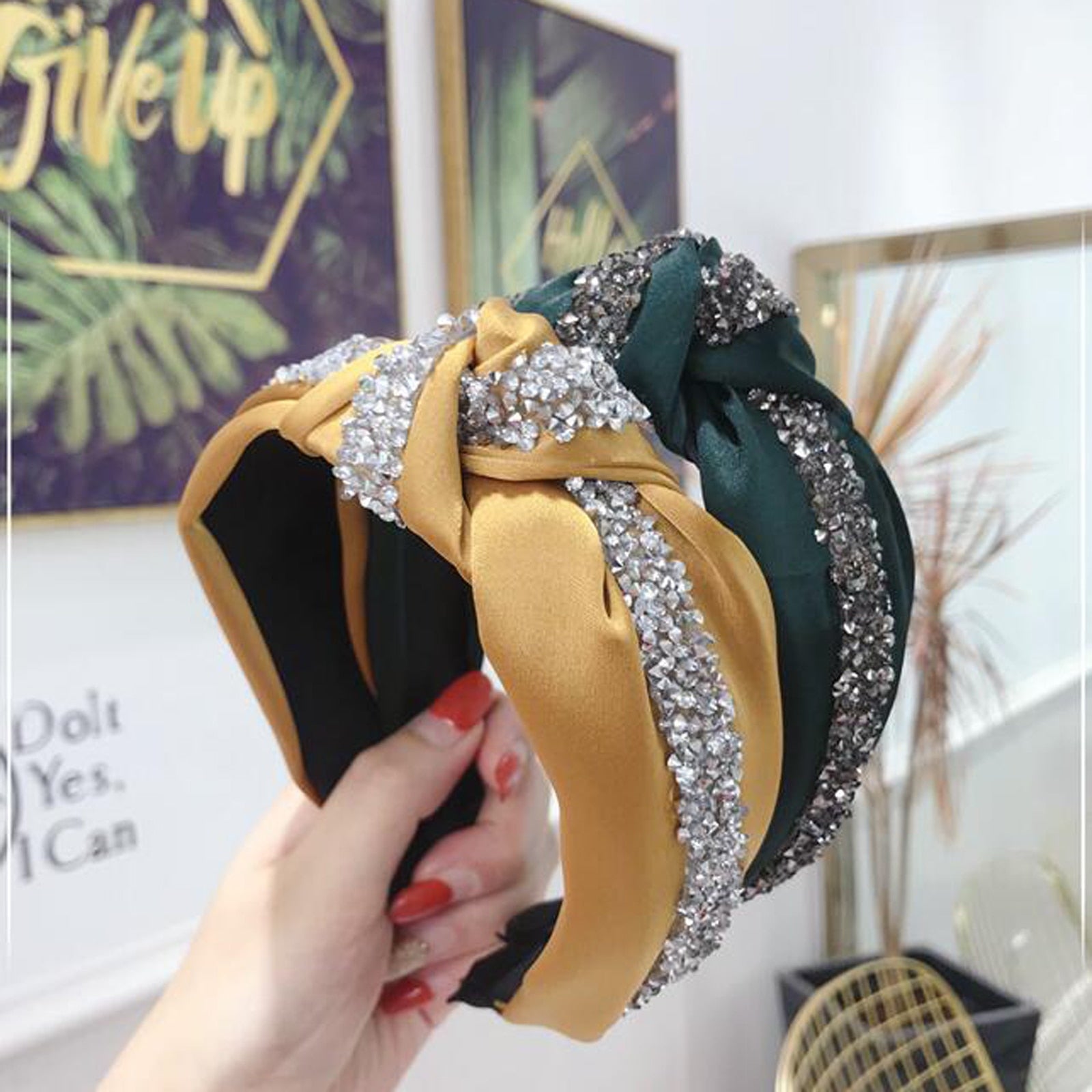 New Fashion Rhinestone Hairband Women Solid Wide Side Headband Middle Knot T - KiwisLove