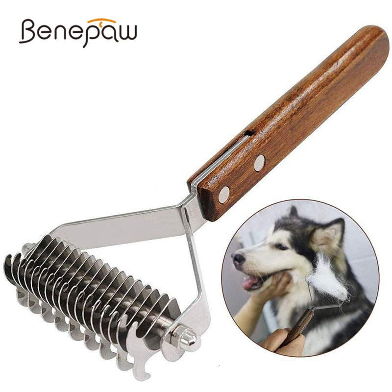 Dog Brush Dematting Gently Efficient Safe Pet Comb Rake Removes Undercoat Knots Wooden Handle Puppy Goomer - KiwisLove