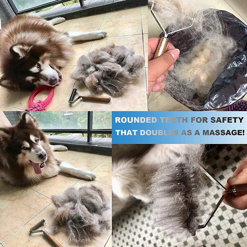 Dog Brush Dematting Gently Efficient Safe Pet Comb Rake Removes Undercoat Knots Wooden Handle Puppy Goomer - KiwisLove
