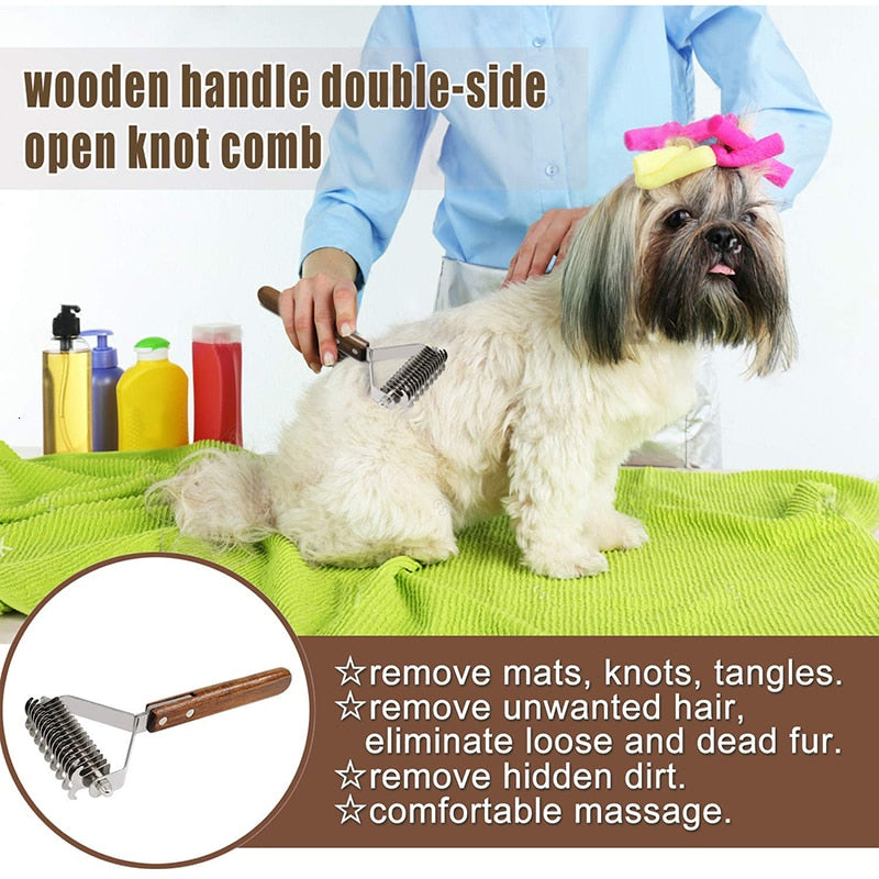 Dog Brush Dematting Gently Efficient Safe Pet Comb Rake Removes Undercoat Knots Wooden Handle Puppy Goomer - KiwisLove