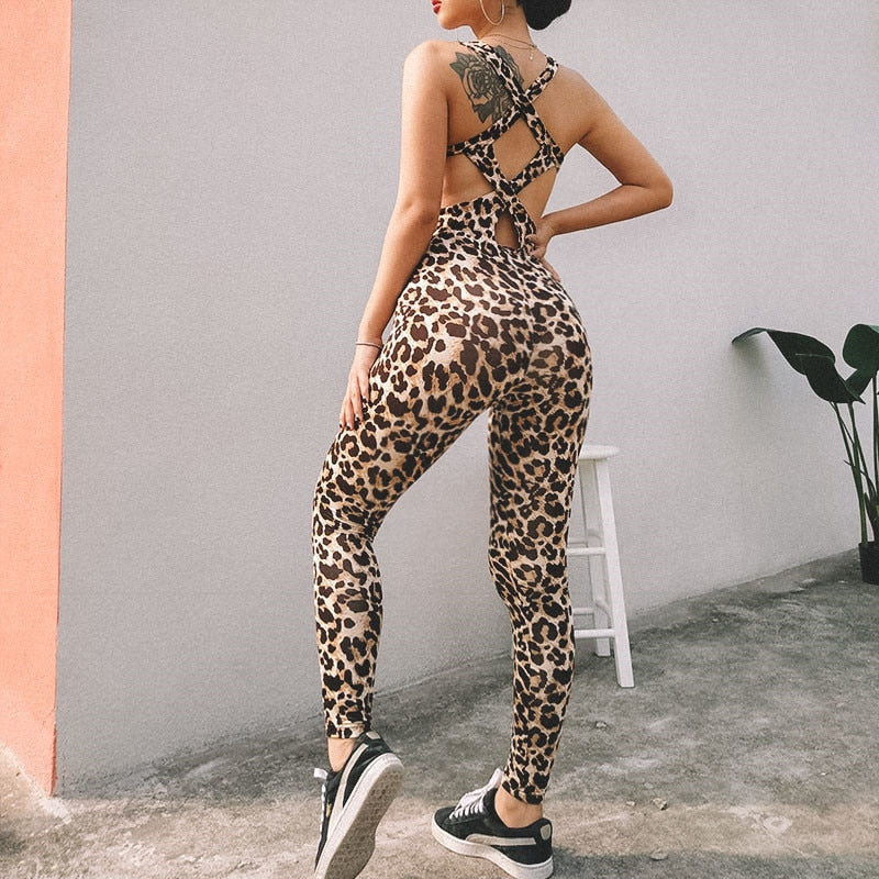 Leopard Women Yoga  Siamese Fitness One Piece Gym Tracksuit Jumpsuits - KiwisLove