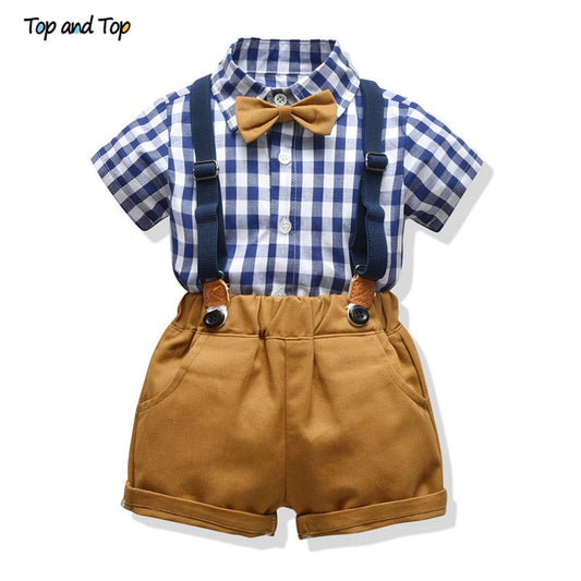 Boys Sets Cotton Plaid Short Sleeve Shirt+Suspenders Shorts Baby 2Pcs Suit - KiwisLove