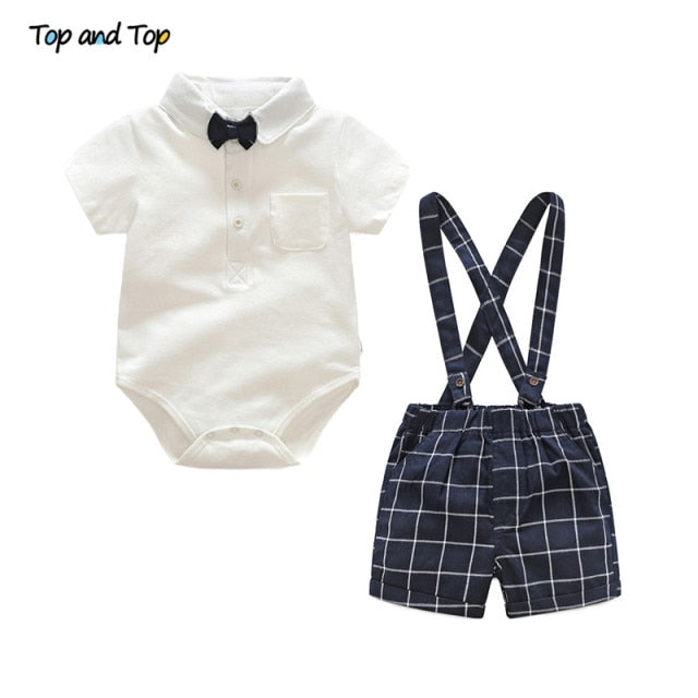 Boys Sets Cotton Plaid Short Sleeve Shirt+Suspenders Shorts Baby 2Pcs Suit - KiwisLove