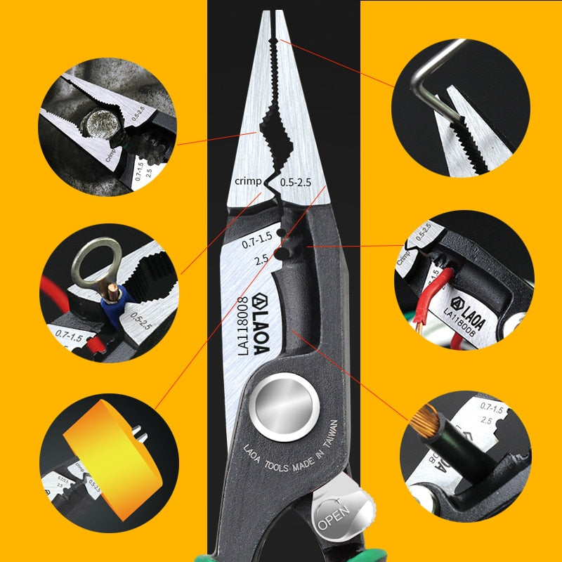 LAOA 8inch Electrician Pliers Cr-Mo Crimping Nippers Cable Wire Stripper Long Nose Pliers - KiwisLove