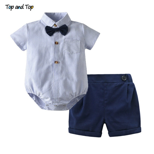 Cotton Short Sleeve Rompers Shirts + Shorts + Bow Tie 3pcs/set - KiwisLove