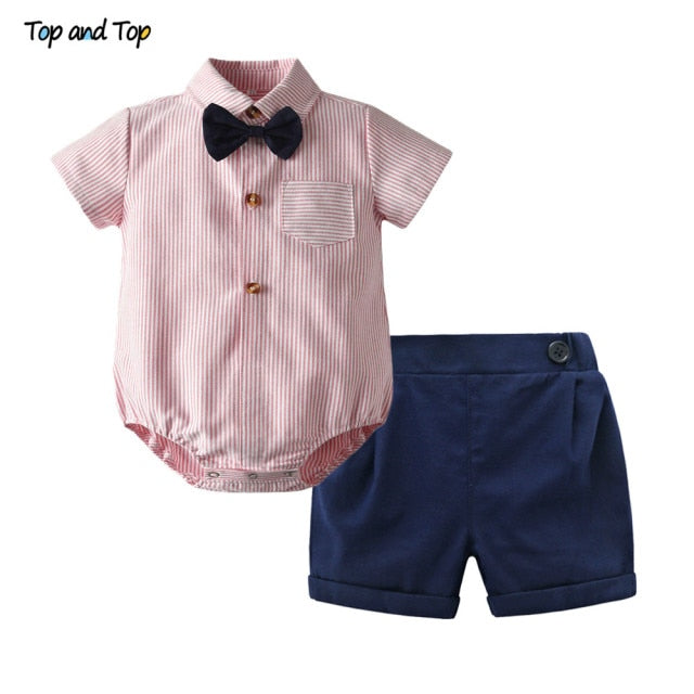 Cotton Short Sleeve Rompers Shirts + Shorts + Bow Tie 3pcs/set - KiwisLove
