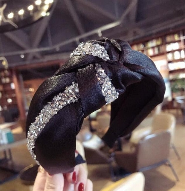 New Fashion Rhinestone Hairband Women Solid Wide Side Headband Middle Knot T - KiwisLove
