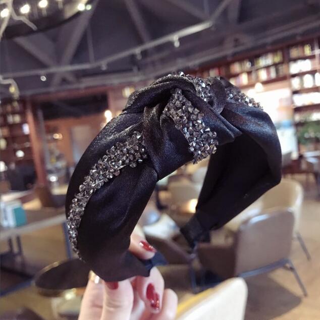 New Fashion Rhinestone Hairband Women Solid Wide Side Headband Middle Knot T - KiwisLove