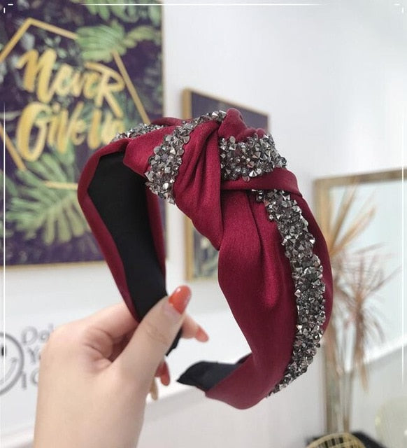 New Fashion Rhinestone Hairband Women Solid Wide Side Headband Middle Knot T - KiwisLove