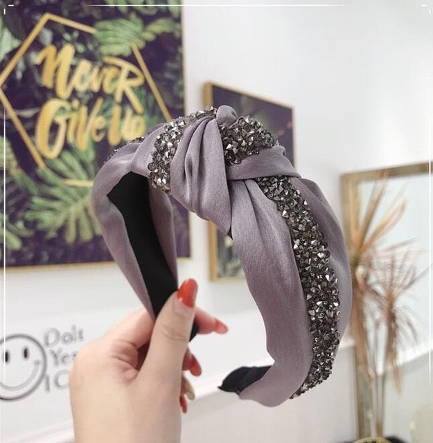 New Fashion Rhinestone Hairband Women Solid Wide Side Headband Middle Knot T - KiwisLove